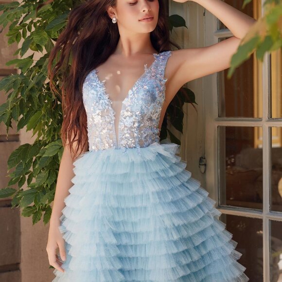 Sequin Plunged Neckline Tiered Ruffle Short Dress Homecoming - Picture 3 of 3